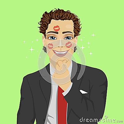 Young businessman with face full of kisses Vector Illustration