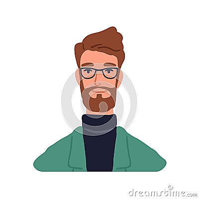 Young businessman, face head portrait. Business man in eye glasses. Bearded male character in eyeglasses. Modern smart Vector Illustration