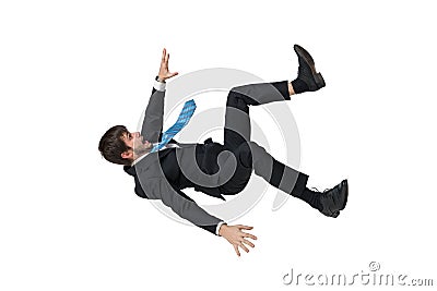 Young businessman falling down in free fall. Isolated on white background Stock Photo