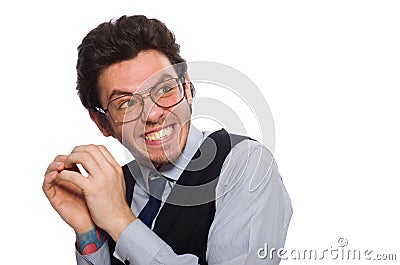 The young businessman in funny concept on white Stock Photo