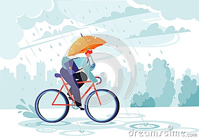 Young businessman going to work under the autumn rain. Businessman with umbrella on bicycle. Vector Illustration