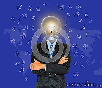 Young businessman have a head as lamp with creativity for success on map background Stock Photo