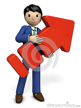 A young businessman holding a big arrow. Cartoon Illustration