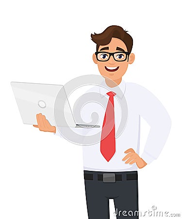 Young businessman holding a new brand laptop. Trendy person using a latest computer. Male character design illustration. Vector Illustration