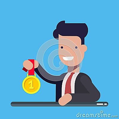 Young businessman or manager with the gold medal. Business and finance concept. Flat vector illustration isolated on Vector Illustration