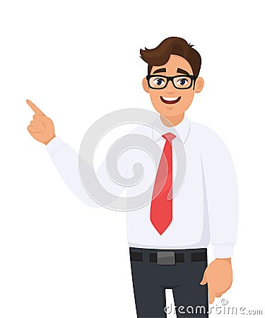 Young businessman pointing hand to copy space side away, concept of advertisement product,introduce something. Vector Illustration