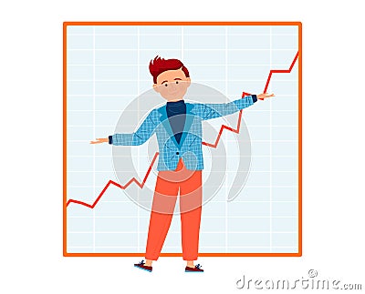 Young businessman presenting growth chart. Confident male cartoon character with upward trend graph. Success and Vector Illustration