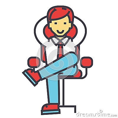 Young businessman relaxing, boss, successful manager sits, ceo in office, business chair concept. Vector Illustration