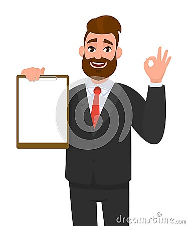 Young businessman showing blank clipboard and making okay, OK gesture sign. Person holding notepad. Male character design. Vector Illustration