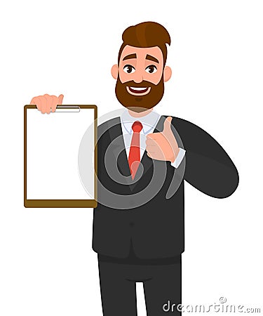 Young businessman showing blank clipboard and making thumb up gesture sign. Person holding notepad. Male character design. Vector Illustration