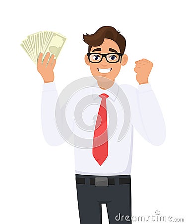 Young businessman showing cash, money and making raised hand fist gesture sign. Person holding currency notes. Male character. Vector Illustration