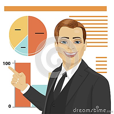 Young businessman standing next to flip chart and pointing graph with graph and diagram. Creative business concept. Vector Illustration