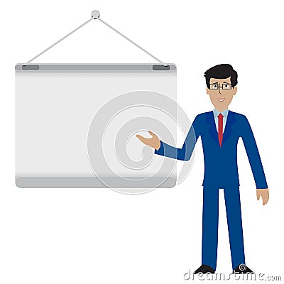 Young businessman in suit presenting something on a blank board Presentation Seminar illustration Stock Photo