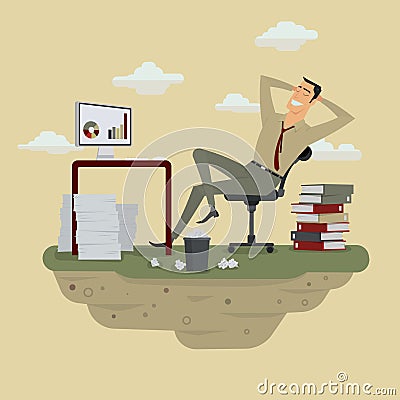 Young businessman in sunny meadow nature office. Vector Illustration