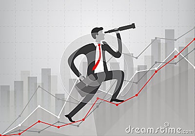 young businessman with telescope in his hand looks to the future and goes up growth business statistics charts showing different Cartoon Illustration