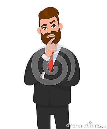 Young businessman thinking something and crossed arm and holding index finger on jaw. Thoughtful businessman looking up thinking. Vector Illustration