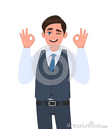 Young businessman in waistcoat showing okay or OK gesture and winking eye. Person making symbol of good or cool sign. Vector Illustration