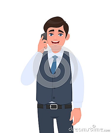 Young businessman in waistcoat speaking on the phone. Trendy person calling to mobile. Male character talking over cellphone. Vector Illustration