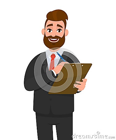 Young businessman wearing a suit holding clipboard report, checklist, document and writing with pen. Person keeping the file pad Vector Illustration