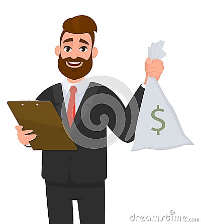 Young businessman wearing a suit holding clipboard and showing money, cash, currency notes bag with dollar sign. Vector Illustration