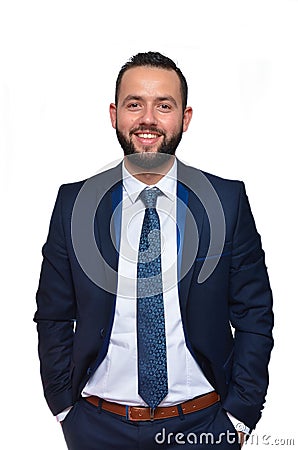 Young attractive business man standing in corporate portrait isolated on white background. Adult, leadership Stock Photo