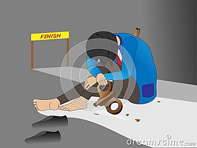 A young businessman who is exhausted, continues on the path to success. Like a winding doll that runs until the yard is broken Vector Illustration