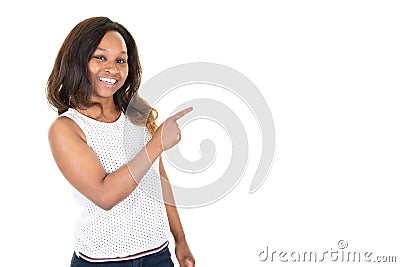 Young businesswoman African American at you pointing left copy space empty for text Stock Photo