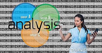 Young businesswoman with calculator writing ANALYSIS in the screen. Numbers background Stock Photo