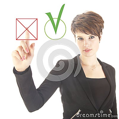Young businesswoman choosing no over yes isolated Stock Photo
