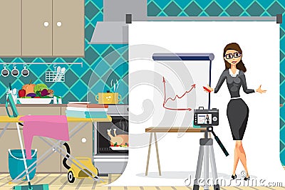 Young businesswoman is conducting a business webinar in the kitchen. A housewife girl works from home via the Internet. Flat cart Vector Illustration