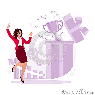 Young businesswoman dancing and happy to achieve success. A rising graphic and a trophy in the big box represent her. Vector Illustration