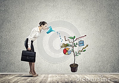 Young businesswoman in empty room watering drawn growth concept with can Stock Photo