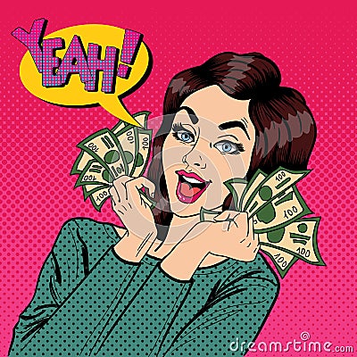 Young Businesswoman Holding Cash. Woman with Dollars in her Hand Vector Illustration