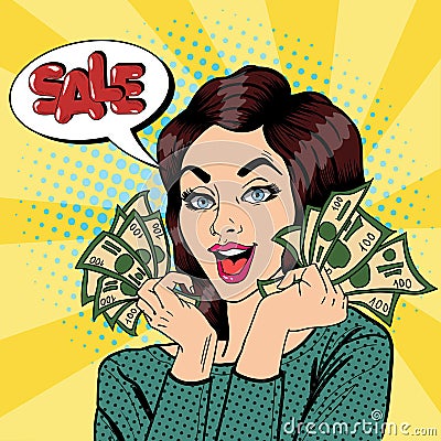 Young Businesswoman Holding Cash. Woman Shouts Sale. Pop Art Vector Illustration