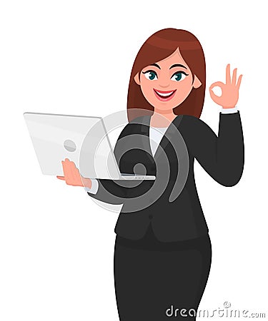 Young businesswoman holding a new digital laptop computer and showing okay, OK gesture sign. Female character design illustration. Vector Illustration