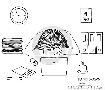 Young businesswoman laid her head down on the table. Frustrated, exhausted, sleepy, tired of work. Laptop, computer, pc Vector Illustration