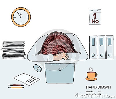 Young businesswoman laid her head down on the table. Frustrated, exhausted, sleepy, tired of work. Laptop, computer, pc Vector Illustration