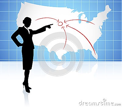 Young businesswoman pointing at US map Vector Illustration