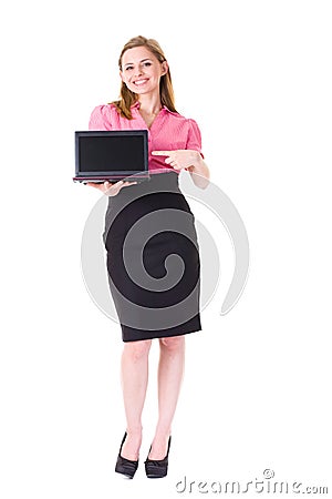 Young businesswoman points to netbook computer Stock Photo