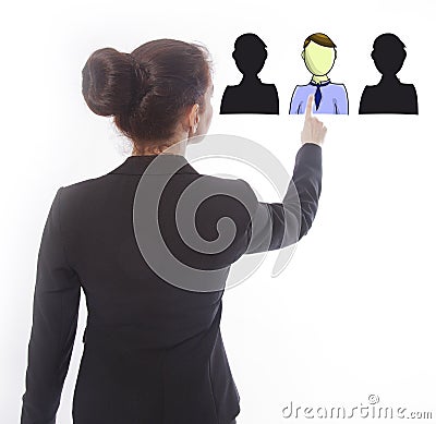 Young businesswoman selecting virtual online friends isolated Stock Photo