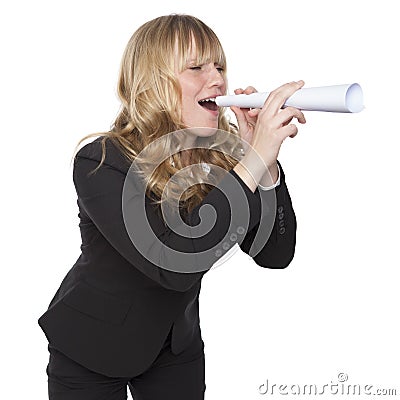 Young businesswoman shouting through a paper tube Stock Photo