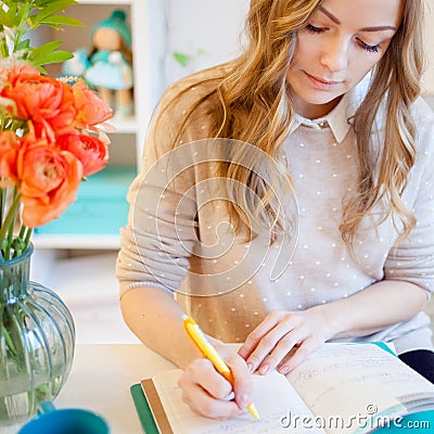 Young businesswoman sitting at desk and working. Beautiful woman fills planner Stock Photo