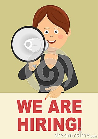 Young businesswoman speaking with megaphone pointing to blank board with we are hiring text Vector Illustration