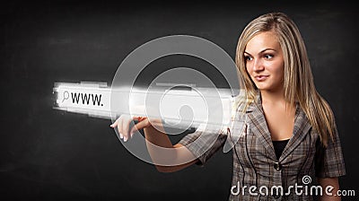 Young businesswoman touching web browser address bar with www si Stock Photo