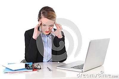 Young businesswoman working in stress at office computer frustrated Stock Photo
