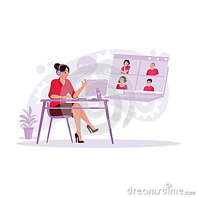 Young businesswomen have online meetings with business colleagues in the office. Vector Illustration