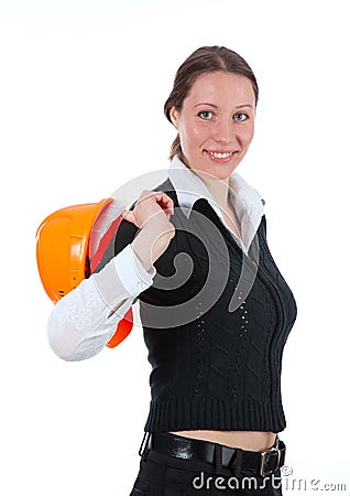 Young bussines women with helmet over white Stock Photo