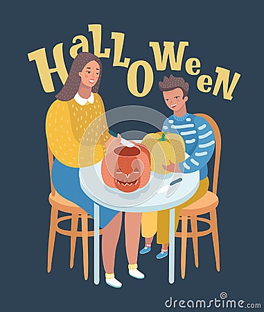 Young c mother and her son carving pumpkins. Vector Illustration
