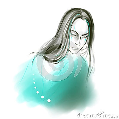 Young calm long-haired asian man on turquoise background vector Vector Illustration