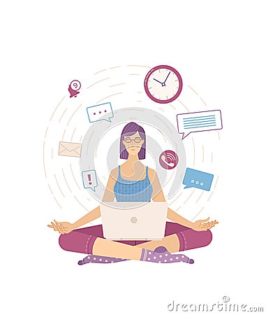 Young calm woman sitting in the lotus pose and relaxing flat vector illustration Vector Illustration